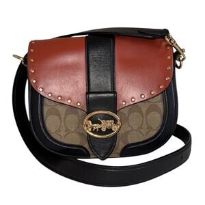 Coach Georgie Saddle Bag Colorblock Signature Canvas Crossbody Brown